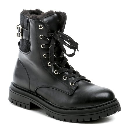 Damen-Winterstiefeletten mit Schnürsenkeln und Reißverschluss. Die Schuhe sind aus synthetischem Material mit flauschigem Textilfellfutter gefertigt.
