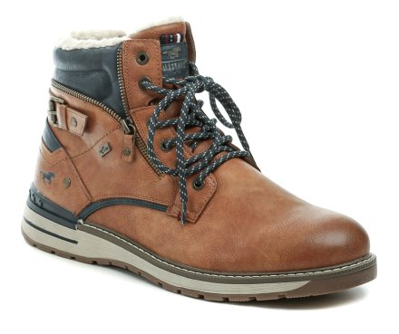 Herren-Winterstiefeletten mit Schnürung und Reißverschluss. Die Schuhe bestehen aus synthetischem Material mit MustangTEX-Membran, innen mit flauschigem Textilfell isoliert.