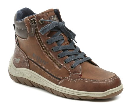 Herren-Winterstiefeletten mit Schnürsenkeln und Reißverschluss. Die Schuhe sind aus synthetischem Material gefertigt und innen mit Textilfutter ausgestattet.