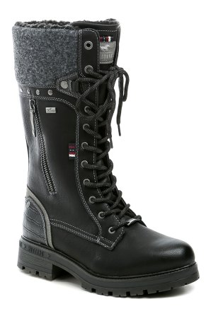 Damen-Winterstiefeletten mit Schnürung und Reißverschluss. Die Schuhe bestehen aus synthetischem Material mit MustangTEX-Membran, innen mit flauschigem Textilfell isoliert.