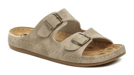 Ganzjährige Freizeit- und Gesundheits-Schlupfschuhe aus echtem Natur- und Kunstleder mit verstellbarem Ristriemen.