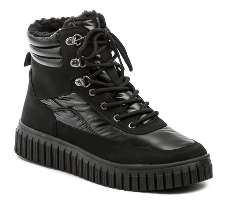 Damen-Winterstiefeletten mit leichtem Keilabsatz, Schnürung und Reißverschluss, aus Kunstleder gefertigt und mit flauschigem Fell gefüttert.