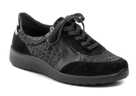 Medizinische Ganzjahres-Wanderschuhe für Damen aus einer Kombination aus echtem Leder und flexiblem Textilmaterial, geeignet für Ballenzehen und breite Füße.