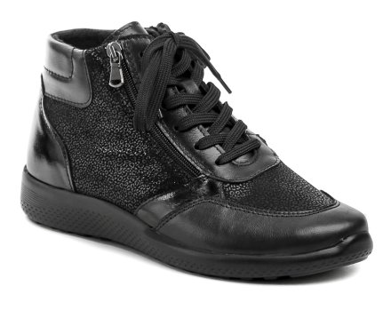 Knöchelhohe Damen-Winter-Gehschuhe mit Schnürung und 2 Reißverschlüssen, aus einer Kombination aus echtem Leder und flexiblem Textilmaterial, geeignet für Ballenzehen und breite Füße.