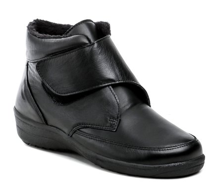 Knöchelhohe medizinische Winter-Wanderschuhe für Damen mit Klettverschluss. Die Schuhe bestehen aus einer Kombination aus echtem Leder und flexiblem synthetischem Material, das für Ballenzehen und breite Füße geeignet ist.
