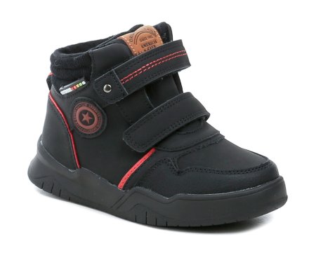 Kinder-Winterstiefeletten mit normalem Reißverschluss und 2 Klettverschlüssen. Die Schuhe bestehen aus einer Kombination aus Synthetik- und Textilmaterial und sind mit weichem Wildleder isoliert.