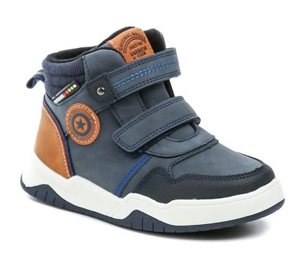Kinder-Winterstiefeletten mit normalem Reißverschluss und 2 Klettverschlüssen. Die Schuhe bestehen aus einer Kombination aus Synthetik- und Textilmaterial und sind mit weichem Wildleder isoliert.