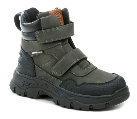 Kinder-Winterstiefeletten mit normalem Reißverschluss und 2 Klettverschlüssen. Die Schuhe bestehen aus einer Kombination aus Synthetik- und Textilmaterial und sind mit weichem Wildleder isoliert.