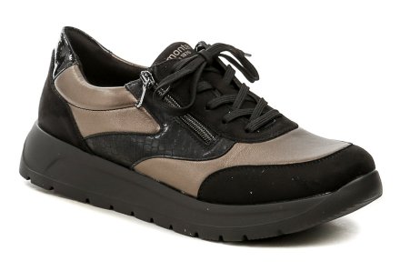 Remonte D2V02-04 schwarze bronzefarbene Damen-Oversized-Sneaker Damen-Ganzjahres-Wanderschuhe mit Schnürsenkeln und Reißverschluss, hergestellt aus einer Kombination aus Textil und Synthetik. Die Schuhe entsprechen den veganen Standards.