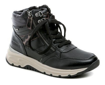 Romika 84R0102014 schwarze Winterstiefel Winter-Wanderstiefel mit Schnürsenkeln und regulärem Reißverschluss. Die Schuhe sind aus synthetischem Material hergestellt, innen mit weichem Textilfell und Romitex-Membran isoliert.