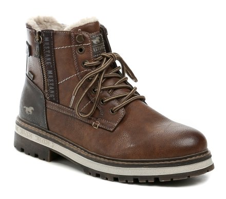 Herren-Winterstiefeletten mit Schnürung und Reißverschluss. Die Schuhe bestehen aus synthetischem Material mit MustangTEX-Membran, innen mit flauschigem Textilfell isoliert.