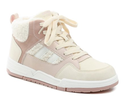 Winterschuhe für Kinder mit Schnürsenkeln und Reißverschluss. Die Schuhe bestehen aus einer Kombination aus Synthetik- und Textilmaterial, sind mit Schaumstoff gefüttert, mit weichem Veloursleder isoliert und haben flauschige Besätze an den Rändern.