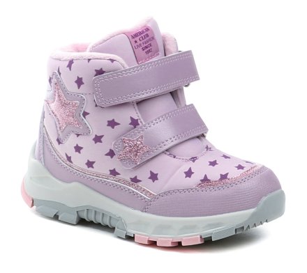 Winterliche Wanderstiefel für Kinder mit zwei Klettverschlüssen. Die Schuhe bestehen aus einer Kombination aus Synthetik- und Textilmaterial und sind mit feinem Veloursleder gefüttert.