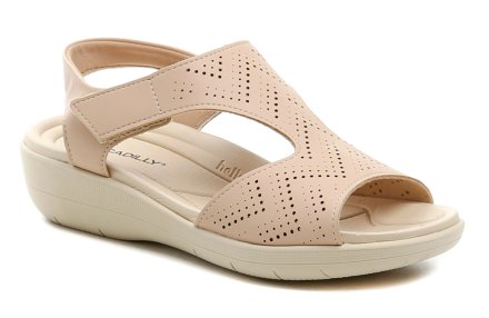 Medizinische Sommer-Walkingschuhe für Damen mit niedrigem Keilabsatz, Zehen- und Fersenfreiheit. Die Schuhe sind aus hochwertigem Synthetikmaterial gefertigt und mit einem gepolsterten Textilfutter versehen.