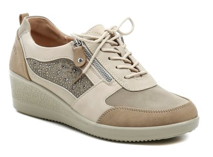 Damen-Ganzjahresschuhe mit leichtem Keilabsatz, Schnür- und Reißverschluss. Die Schuhe bestehen aus einer Kombination von Synthetikmaterial und Naturleder.