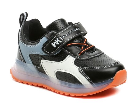 Kinderschuhe für alle Jahreszeiten, ähnlich wie Sneaker, mit Klettverschluss. Das Obermaterial besteht aus einer Kombination aus Kunstleder und Textil, das Innenfutter aus einer Kombination aus Leder und Textil. Die Sohle ist mit farbigen LEDs ausgestattet.