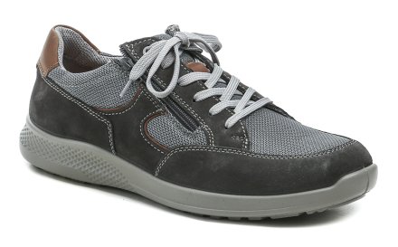 Herren-Ganzjahresschuhe mit Schnürsenkeln und Reißverschluss. Die Schuhe sind aus Naturleder in Kombination mit Textilmaterial gefertigt.