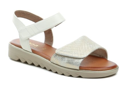 Sommerliche Damen-Sandalen mit Klettverschluss am Knöchel. Schuhe aus Synthetikmaterial in Kombination mit Textil.