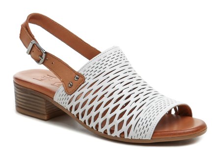 Sommerliche Damen-Wanderschuhe mit freier Zehen- und Fersenpartie, stabilem Absatz und Fersenriemen. Die Schuhe sind aus echtem Leder gefertigt.