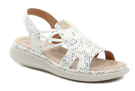 Sommersandalen für Damen mit leichtem Keilabsatz. Die Schuhe bestehen aus einer Kombination aus Textil und Synthetikmaterial.