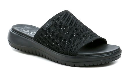 Sommerliche Damen-Slipper aus flexiblem Textilmaterial in Kombination mit synthetischem Material.
