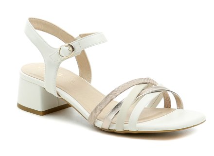 Sommerliche Riemchenschuhe für Damen mit stabilem Absatz und Riemenverschluss mit Schnalle um den Knöchel, gefertigt aus einer Kombination aus Synthetik- und Textilmaterial.