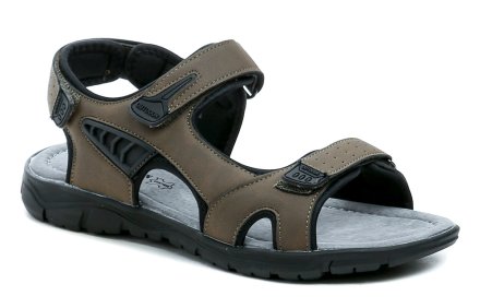 Sommerliche Herren-Sandalen mit Klettverschluss. Die Schuhe bestehen aus einer Kombination aus Kunstleder, Naturleder und Textilmaterial.