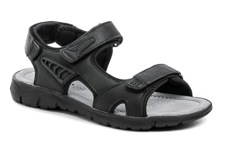 Sommerliche Herren-Sandalen mit Klettverschluss. Die Schuhe bestehen aus einer Kombination aus Kunstleder, Naturleder und Textilmaterial.