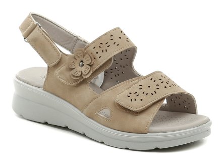 Sommerliche Damensandalen mit leichtem Keilabsatz und verstellbaren Riemen mit Klettverschluss. Die Schuhe sind aus Synthetikmaterial gefertigt.