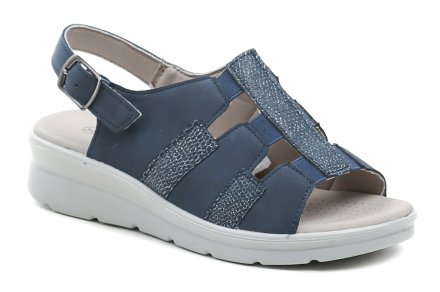 Sommerliche Damensandalen mit leichtem Keilabsatz und verstellbarem Fersenriemen. Die Schuhe sind aus Synthetikmaterial gefertigt.