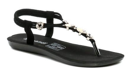 Sommerliche Damen-Sandalen mit Zehensteg und elastischem Fersenriemen. Die Schuhe bestehen aus einer Kombination aus Synthetik- und Textilmaterial.