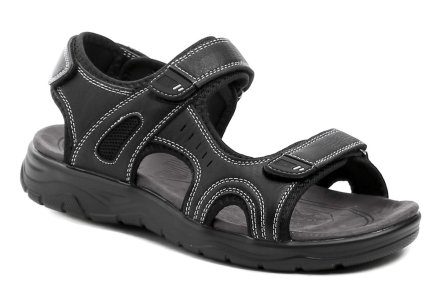 Sommerliche Herren-Sandalen mit Klettverschluss. Die Schuhe bestehen aus einer Kombination aus Echtleder und Textilmaterial.