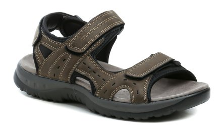 Sommerliche Herren-Sandalen mit Klettverschluss. Die Schuhe bestehen aus einer Kombination aus Kunstleder und Textilmaterial.