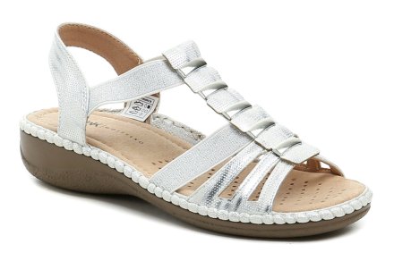Sommerliche Damen-Laufschuhe mit leichtem Keilabsatz und elastischen Riemen. Die Schuhe bestehen aus einer Kombination aus Textil, Kunstleder und Naturleder.