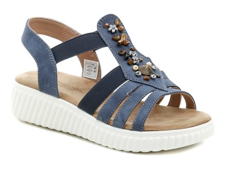 Sommerliche Damen-Laufschuhe mit leichtem Keilabsatz und elastischen Riemen. Die Schuhe bestehen aus einer Kombination aus Textil und Kunstleder.