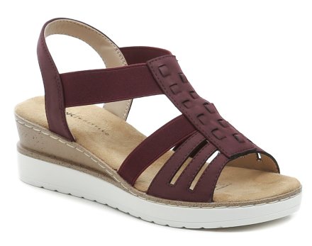 Sommerliche Damen-Laufschuhe mit Keilabsatz und elastischen Riemen. Die Schuhe bestehen aus einer Kombination aus Textil und Kunstleder.
