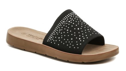 Sommerliche Slipper für Damen. Die Schuhe bestehen aus einer Kombination aus Textil und Synthetikmaterial.