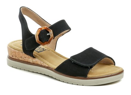 Sommerliche Damen-Wanderschuhe mit leichtem Keilabsatz und Klettverschluss am Knöchel. Die Schuhe sind aus Synthetikmaterial gefertigt.