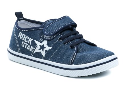 Sommerliche Kinderschuhe, ähnlich wie Canvas-Sneaker, mit Klettverschluss. Die Schuhe sind aus Textilmaterial gefertigt und haben eine Innensohle aus echtem Leder.