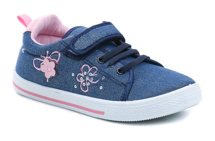 Sommerliche Kinderschuhe, ähnlich wie Canvas-Sneaker, mit Klettverschluss. Die Schuhe sind aus Textilmaterial gefertigt und haben eine Innensohle aus echtem Leder.