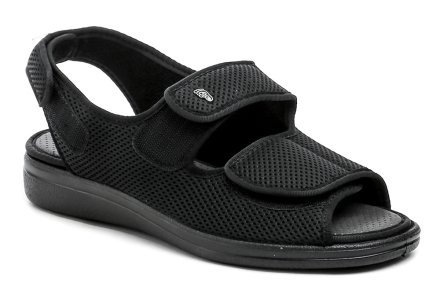 Medizinische orthopädische und diabetikergeeignete Herren-Sommer-Sandalen mit Fersenriemen und Klettverschluss. Die Schuhe sind aus Textilmaterial gefertigt.