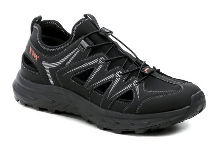 Sommerliche Herren-Wander- und Sportschuhe mit elastischen Schnürsenkeln aus einer Kombination von Synthetik- und Textilmaterial.