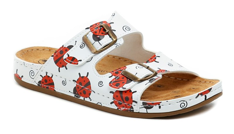 Medi Line S182-002 weiße medizinische Hausschuhe für Damen mit Marienkäfermotiv | ARNO-schuhe.de – Schuhe mit Tradition