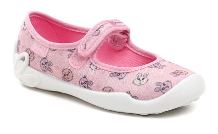 Sommerliche Freizeit- und Schlupfschuhe für Kinder mit Klettverschluss, aus Textilmaterial.