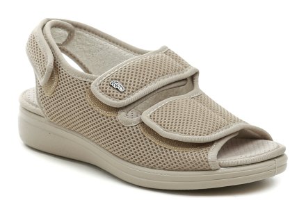 Medizinische, orthopädische und diabetikergeeignete Sommer-Sandalen für Damen mit Fersenriemen und Klettverschluss. Die Schuhe sind aus Textilmaterial gefertigt.
