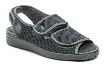Medizinische orthopädische und diabetikergeeignete Herren-Sommer-Sandalen mit Fersenriemen und Klettverschluss. Die Schuhe sind aus Textilmaterial gefertigt.