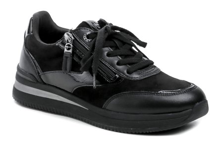 Damen-Ganzjahresschuhe mit Schnürsenkeln und Reißverschluss. Die Schuhe bestehen aus einer Kombination aus Naturleder, Textil und Synthetikmaterial.