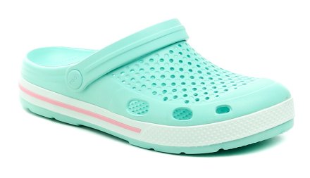 Sommerliche Slipper mit drehbarem Riemen an der Ferse, aus synthetischem Material.