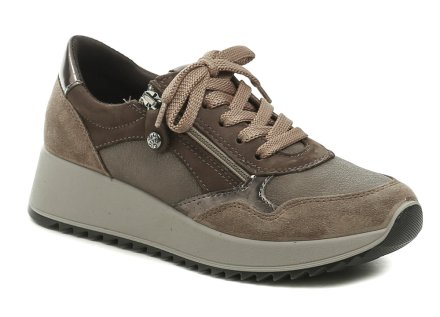 Damen-Ganzjahres-Wanderschuhe mit Schnürsenkeln und Reißverschluss, hergestellt aus einer Kombination aus Echtleder, Textil und synthetischem Material.