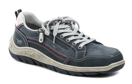 Herren-Ganzjahresschuhe mit Schnürsenkeln und Reißverschluss. Die Schuhe sind aus einem synthetischen Material gefertigt, das Leder imitiert.